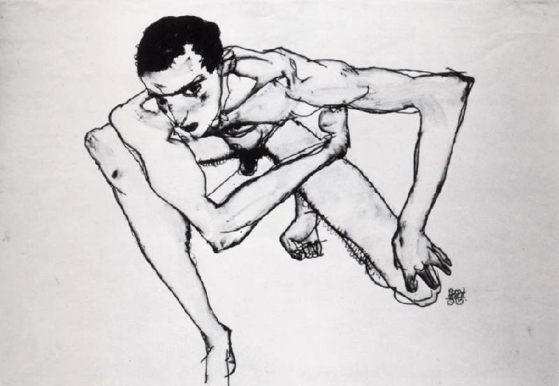 Egon Schiele Self Portrait in crouching position